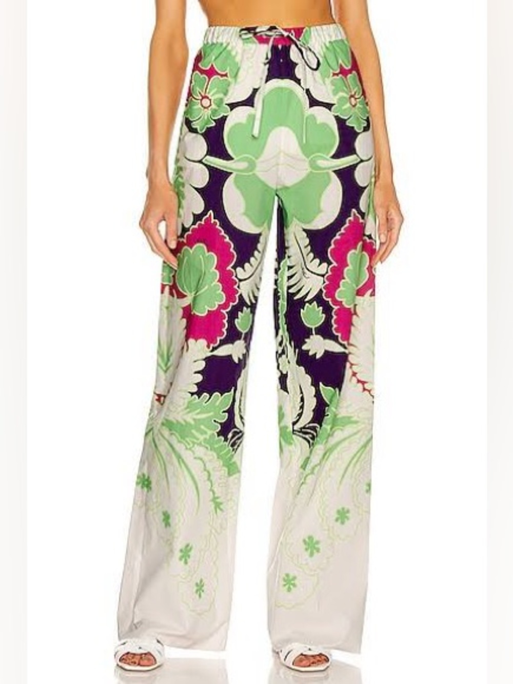 Valentino Wide-Leg Floral Print Pants in Green, Fuchsia and Navy